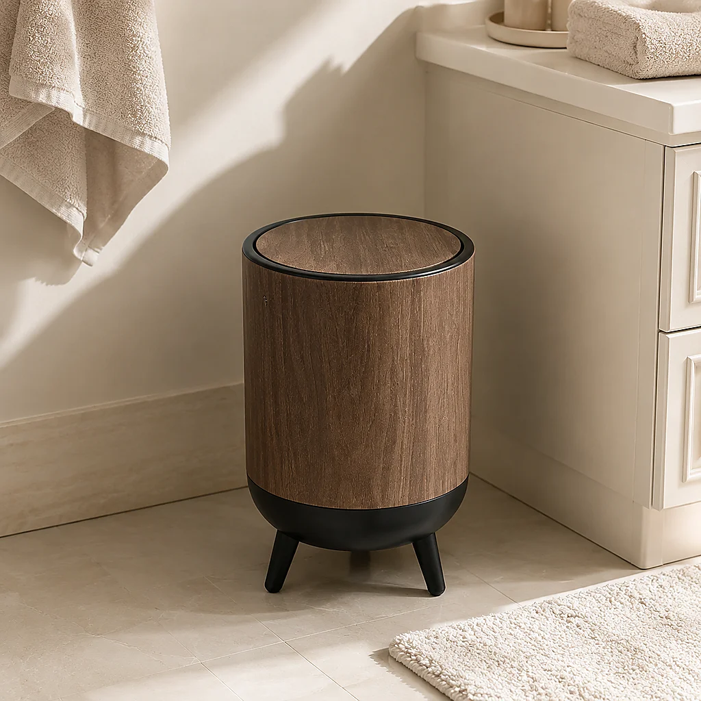 Walnut Wood Grain Pedestal Trash Can, Swing Top Lid Decorative Garbage Bin with Detachable Washable Inner Bucket, Elevated Stand Waste Basket for Bathroom, Bedroom & Mid-Century Home Decor