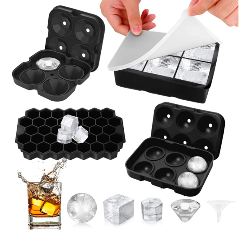 

Bar large ice grid mold, whisky frozen round spherical Hockey mold, food grade silicone with lid ice box