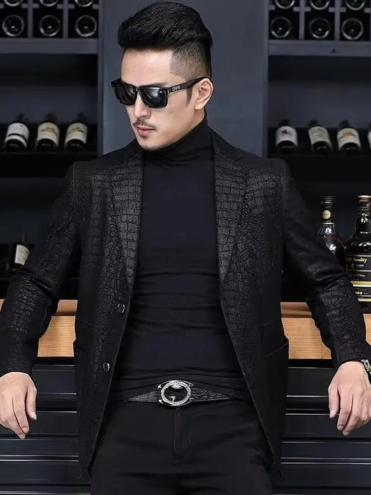 Autumn Business Men Sheepskin Genuine Leather Blazer Jacket Slim Fit Single Breasted Office Work Crocodile Pattern Suit Coat