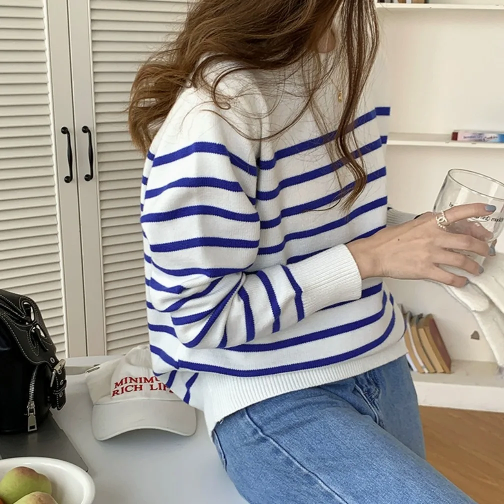 

Свободный женский вязаный свитер в круглую полоску из мягкого полиэстера Camere, удобный дышащий свитер средней длины