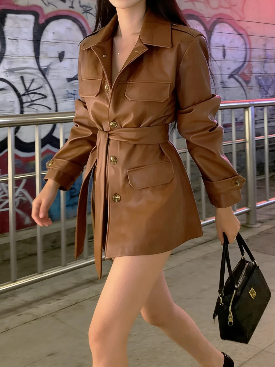 Retro Style Caramel PU Leather Jacket Women's Spring 2026 New Belted Mid-Length Motorcycle Coat Trendy Long Sleeve Coat