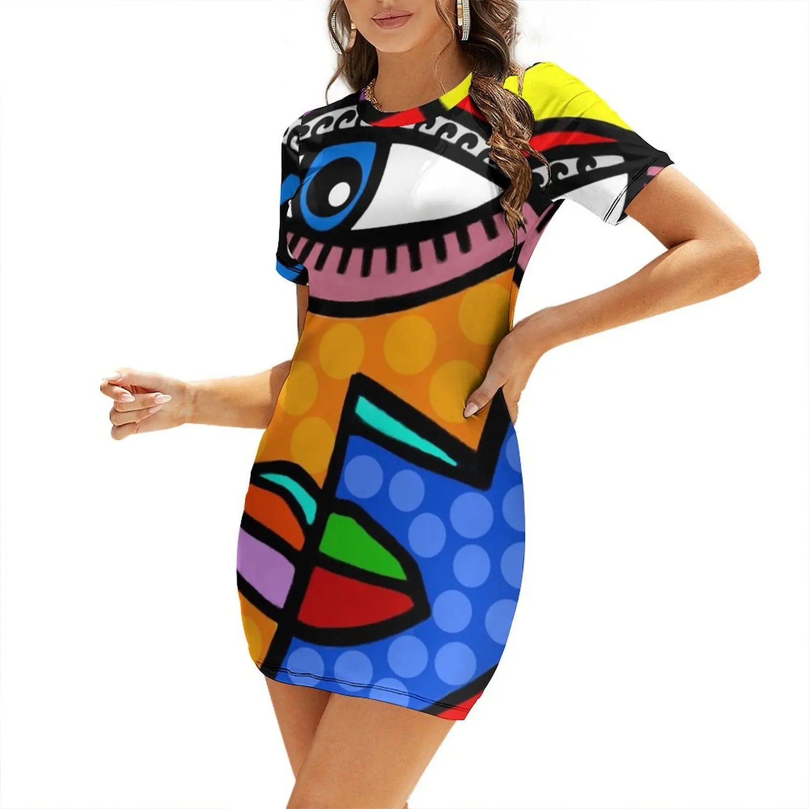 

Funky Abstract Style Art Face with Dots and Stripes Short Sleeved Dress Women's summer skirt summer dresses Dress