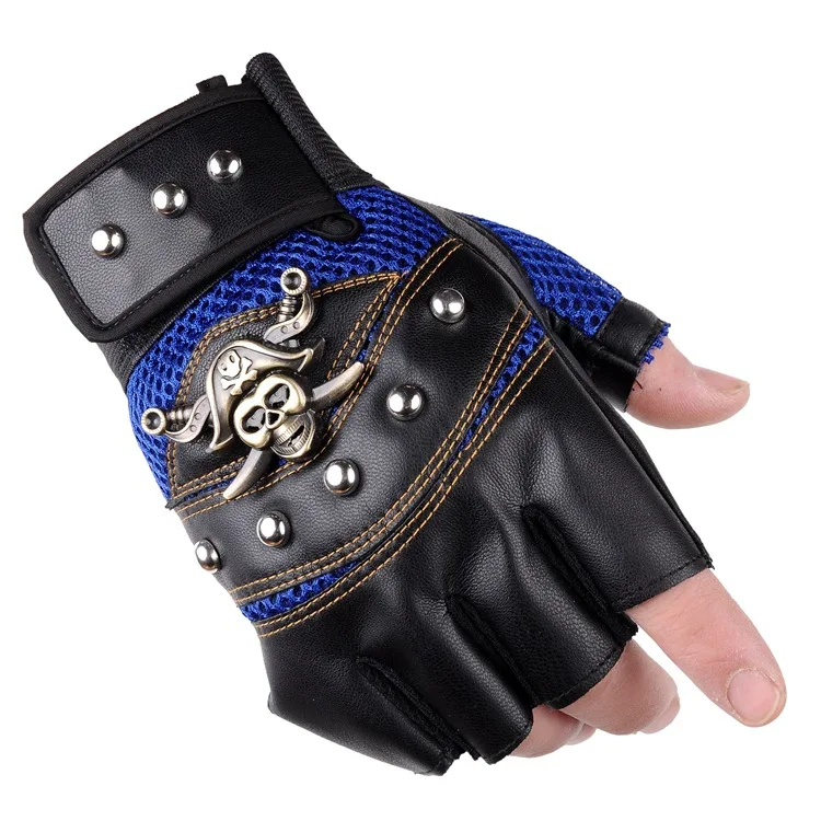 Pirate Captain PU Leather Fingerless Gloves Men Women Skulls Rivet Mitts Hip Hop Gym Gloves Female Moto Half Finger Men\'s Gloves