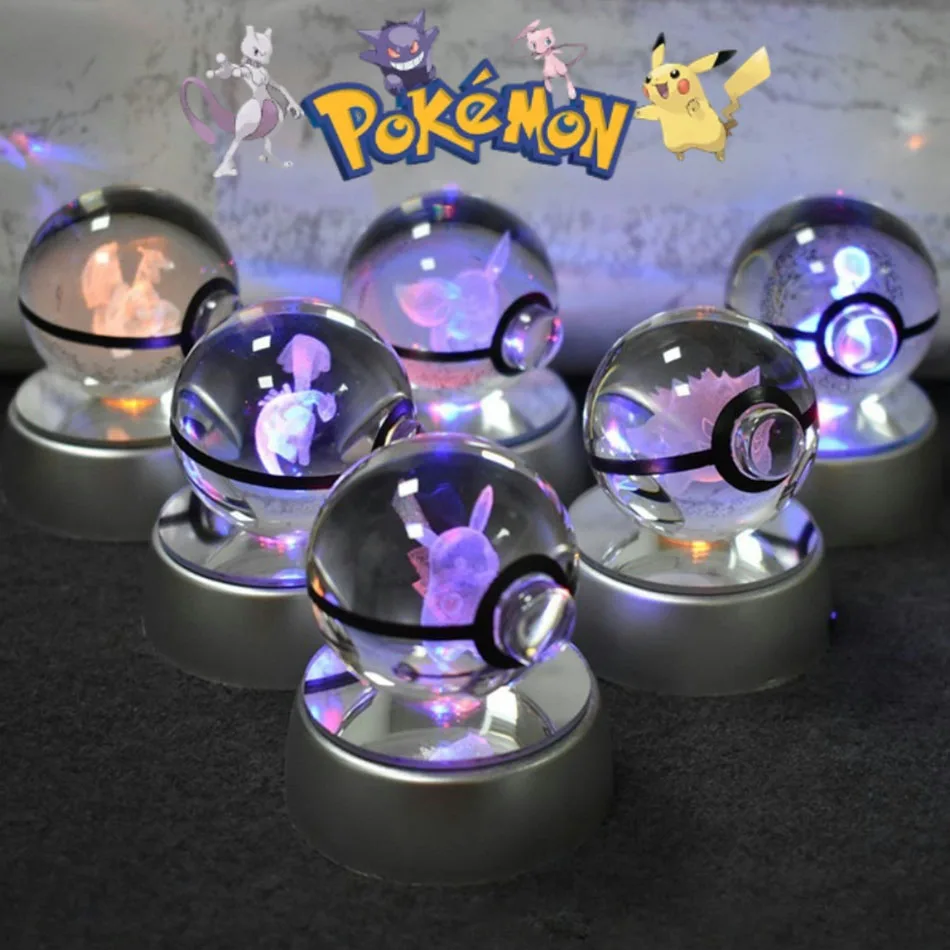 Pokemon 3D Crystal Ball Pikachu Mewtwo Arceus Model Three-Dimensional Figures Pokeball Glass Ball Colorful Lamp Base Ornaments