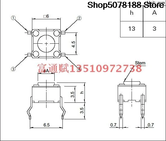 Original 6*6*13H touch switch Key switch high temperature resistance and long life