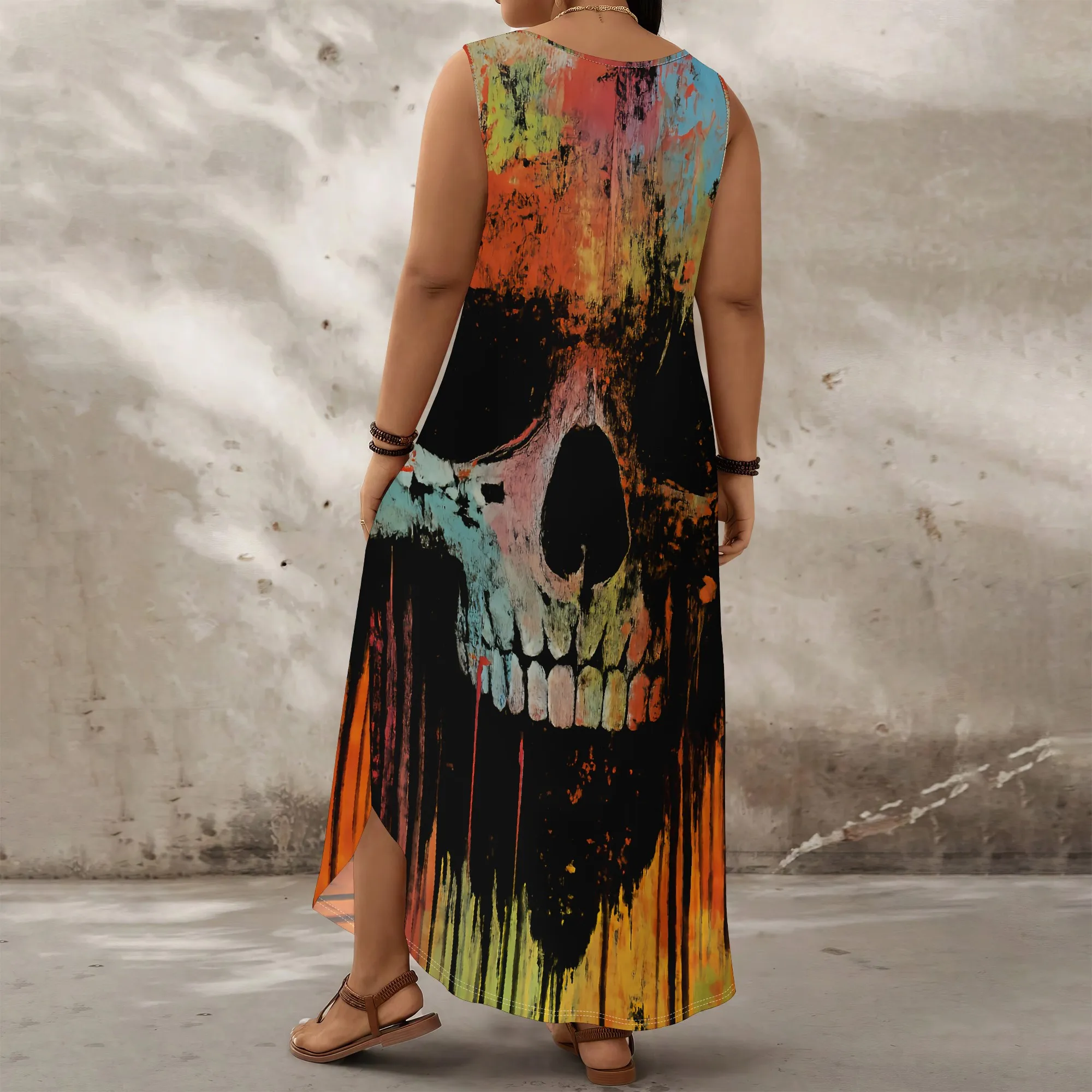 Skull Print Maxi Dress XL-6XL Sleeveless for Summer Festival, Music Event or Casual Day Out Look