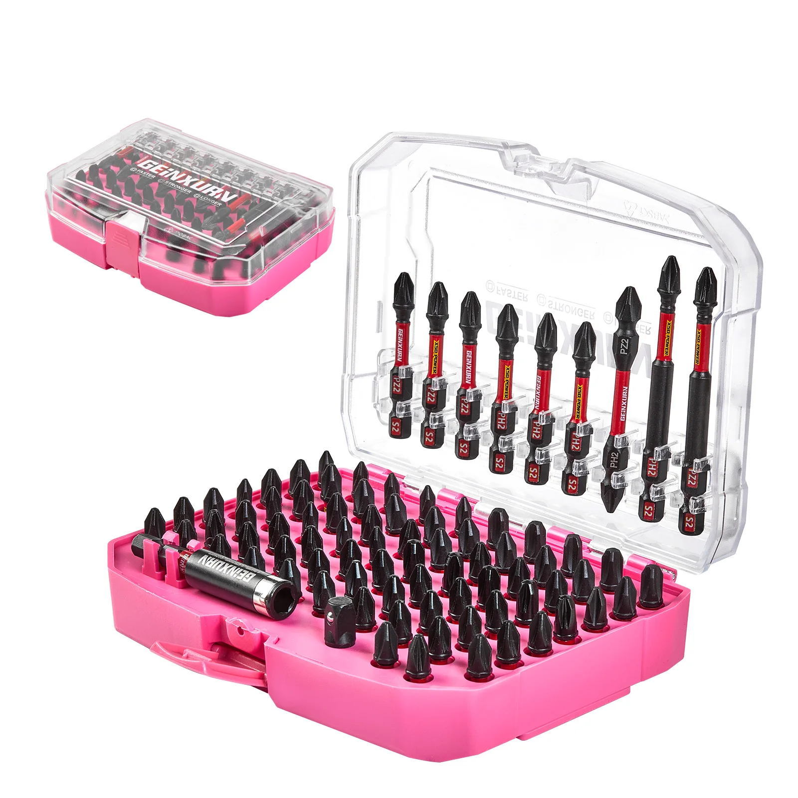 

Geinxurn 83PCS S2 Steel Magnetic Driver Bit Set(Phillips/Pozi), Socket Adapter & Pink Storage Case