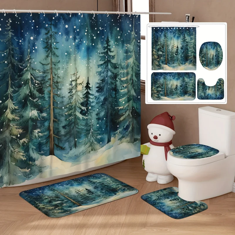 Winter Forest Shower Curtain Set with Non-Slip Bath Mat, U-Shape Toilet Lid Cover, and Curtain Hooks - Water-Resistant Polyester