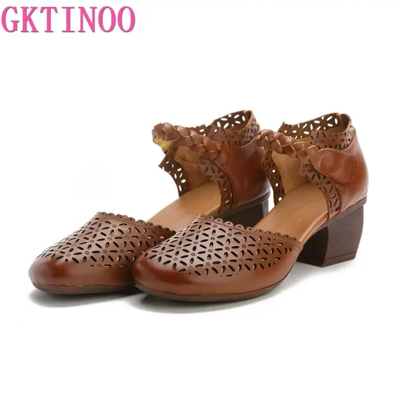 GKTINOO 2024 Summer New Soft Bottom High Heels Genuine Leather Women Shoes Women Sandals Retro Handmade Sandals For Mother