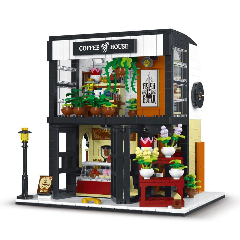 XMork 031066 City Coffee House Model Modular Street View Series DIY Toys Building Blocks Lighting Boys' holiday gifts 1464Pcs