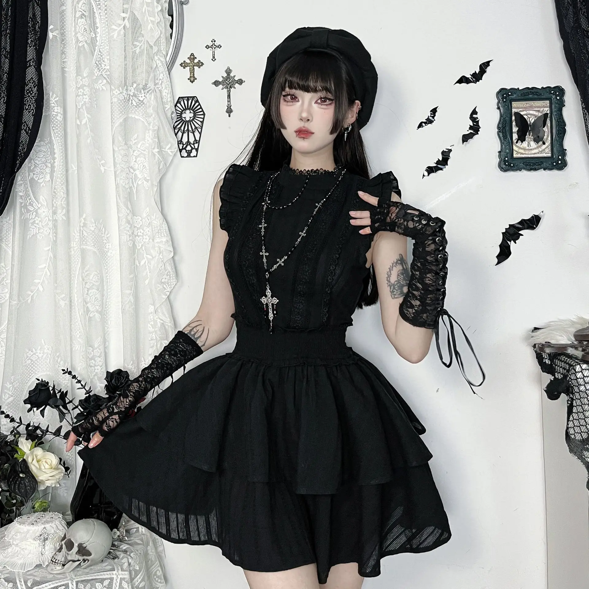 

Fairycore Grungegothic Witch Dress Women Y2k E-girl Sweet Kawaii Lace Patchwork O-neck High Waist Corset Dress Cosplay