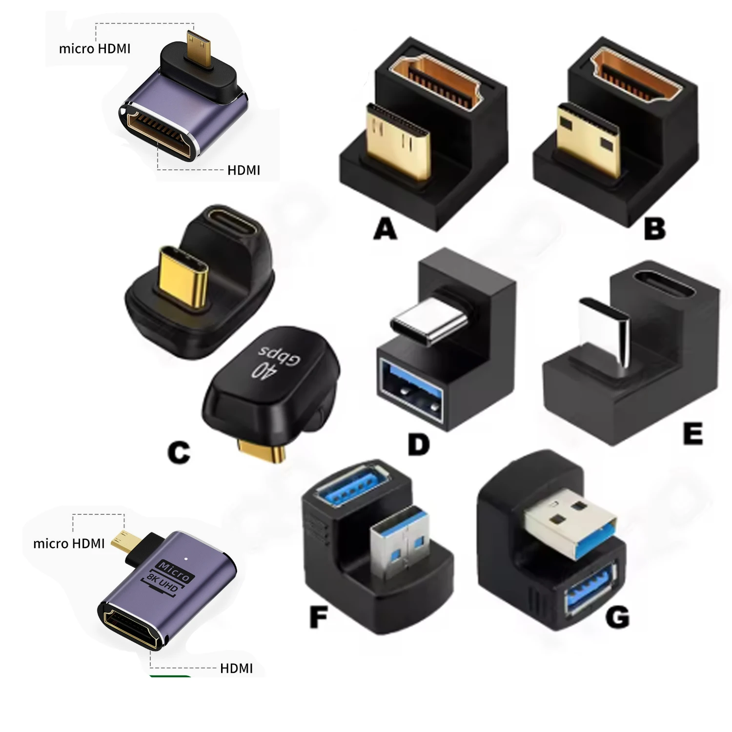 360 Degree U-shaped Mini HDMI Gender Adapter USB3.2 Type-C Adapter USB Male to Female Extension USB C Converter HD 2.1V 8K 60Hz