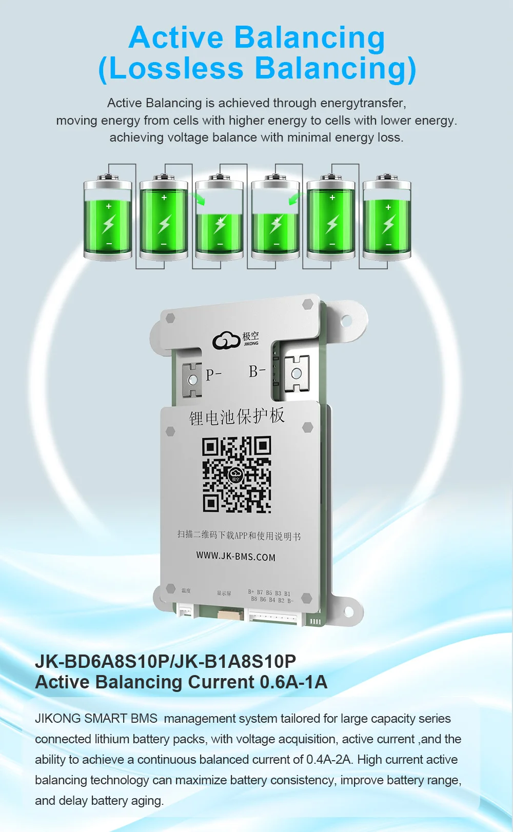 JIKONG BMS BD6A8S10P Smart BMS 4S 5S 6S 7S 8S 12V 24V Batterie MIT 0,6A ACTIVE BALANCE BMS für LiFePO4 Li-Ion LTO Batterie jk bms – Detail 4