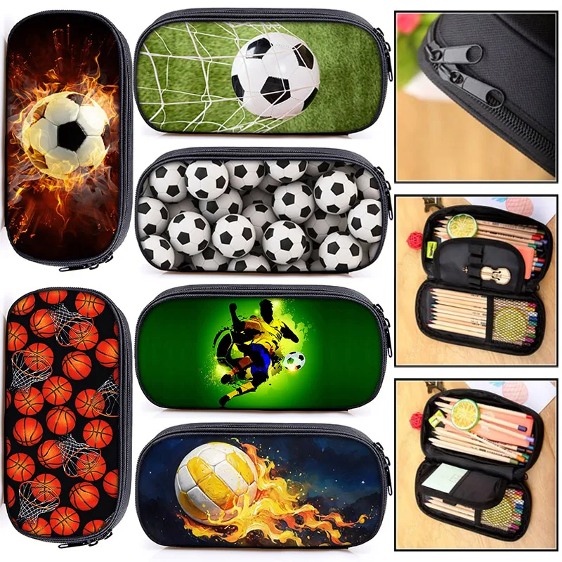 Cartoon Soccer / Football Print Cosmetic Bags Sports Ball Game Basketball Pencil Box Boys School Zipper Children Stationary Bags