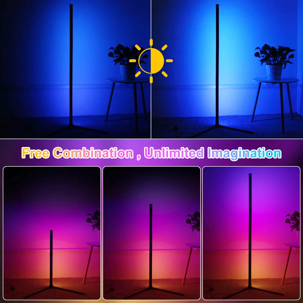 120/160cm Color Changing Corner Floor Lamp with Remote Dimmable RGB LED Mood Lighting for Living Room Bedroom Gaming Study Decor