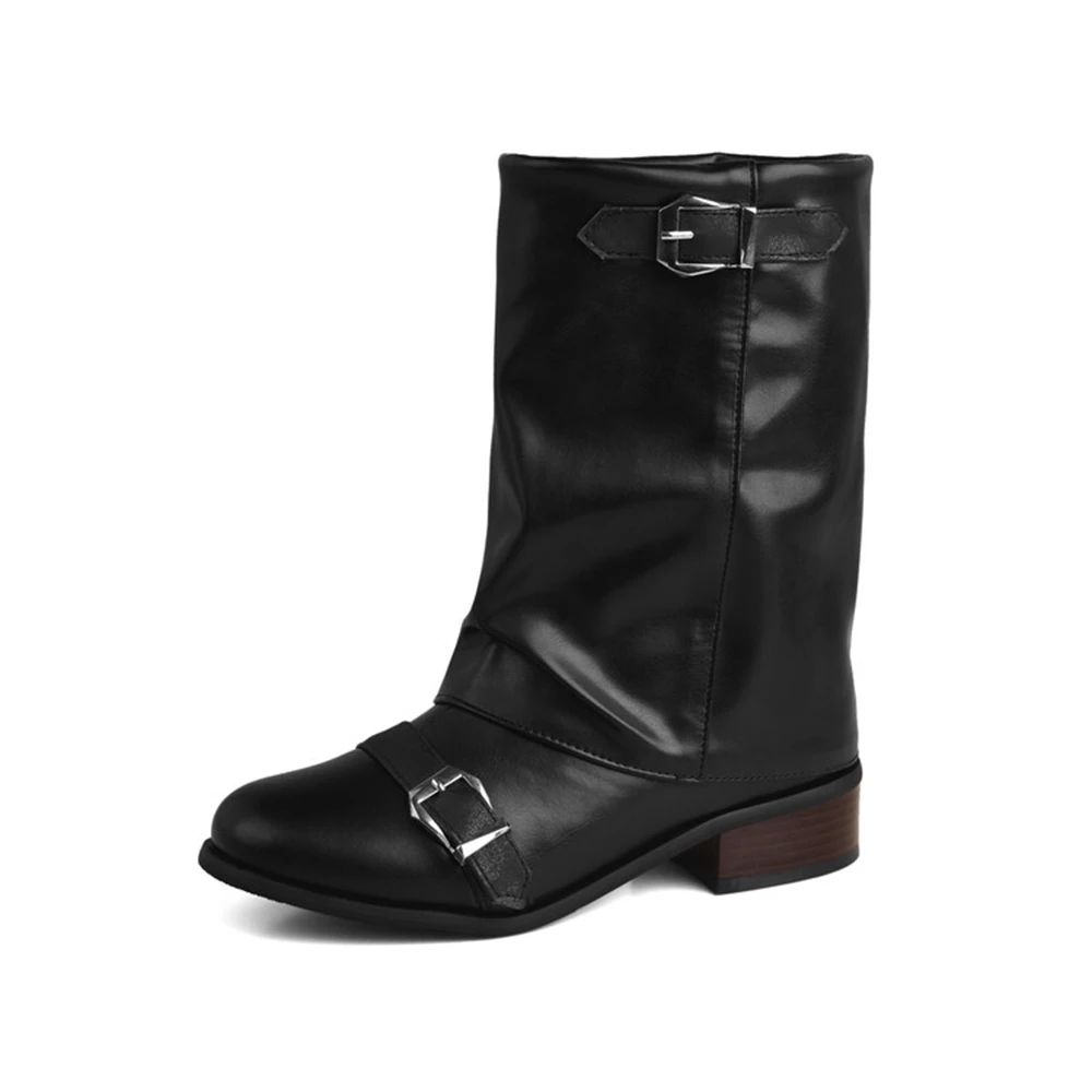 الموضة الرجعية النمط الغربي الخريف الشتاء أحذية بوت قصيرة منخفضة كعب سميك النساء الأحذية منتصف العجل مطوي كومة الأحذية حجم كبير 47 777-3 #2