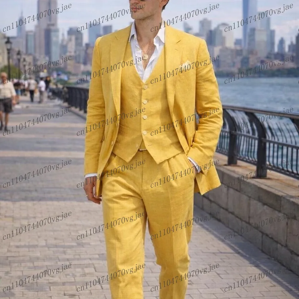 

New Breathable Linen Summer Yellow Men Suit Formal Wedding Party Groom Business Male Tuxedos 3 Piece Set Jacket Vest Pants