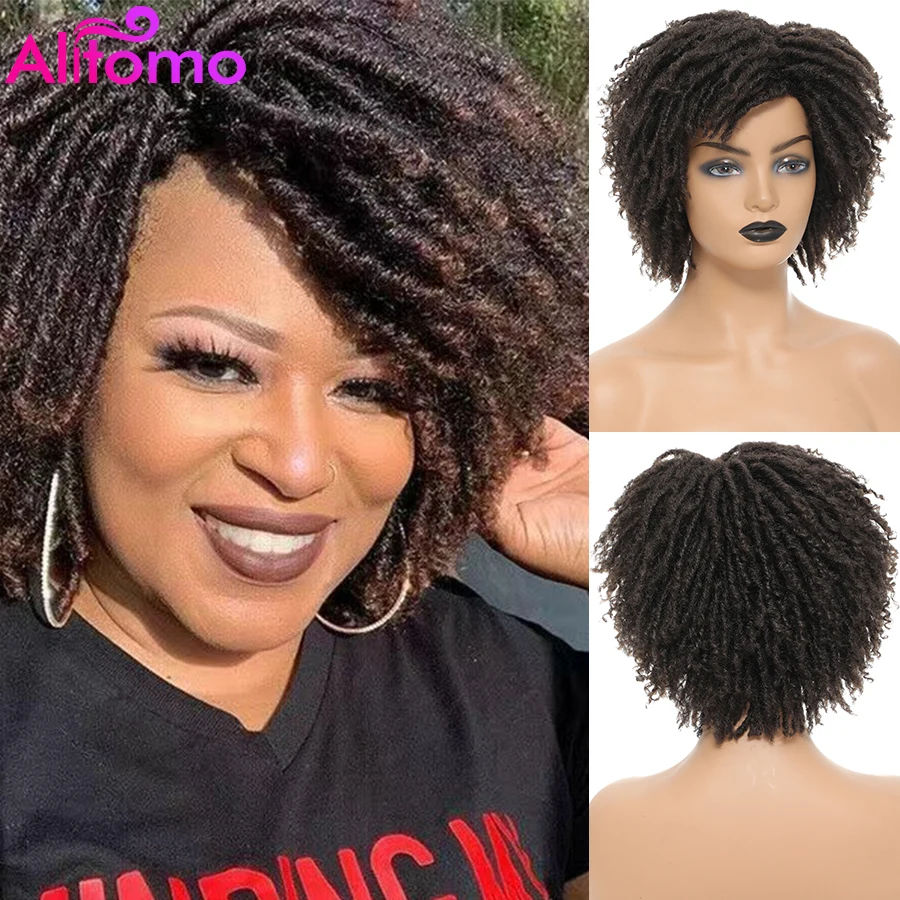 Alitomo Dreadlock Wig For Women Synthetic Curly Ombre Braided Wigs With Bangs African Faux Locs Crochet Twist Hair Short Wigs