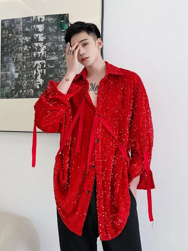 

Модная мужская одежда для сценических выступлений: бархатная рубашка с пайетками, поясом и индивидуальным дизайном для певцов и диджеев