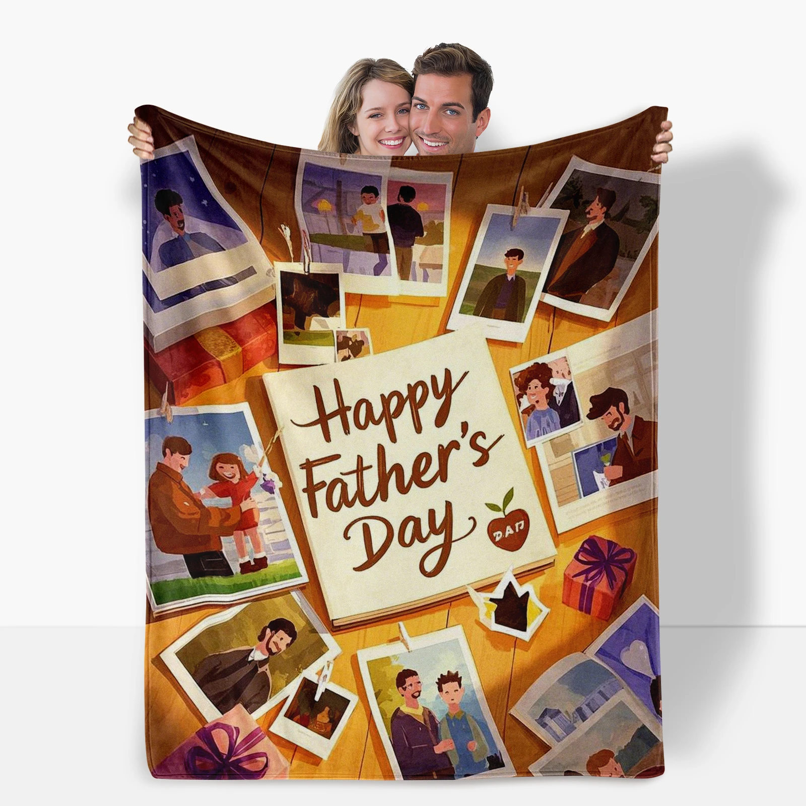 Flannel Blanket Showing Cartoon Style Photos Of Father And Child Perfect For Creating Memorable Father S Day Moments