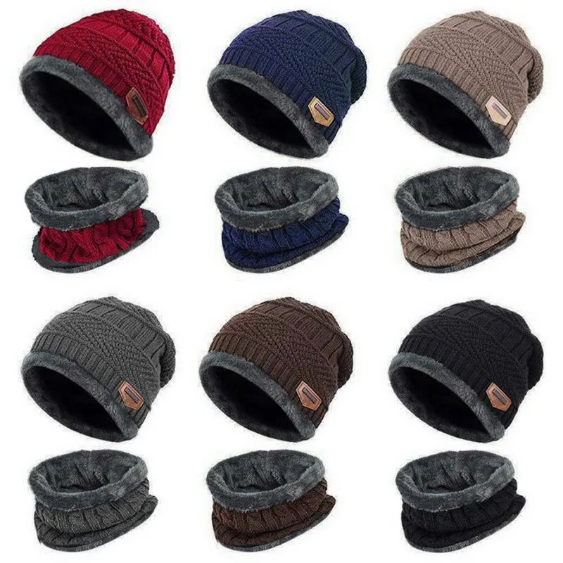 Men\'s Windproof Hat Outdoor Travel Leisure Winter Scarf Gloves Three-Piece Set Neck Warm Winter Thick Beanie Hat Knitted Hat Set