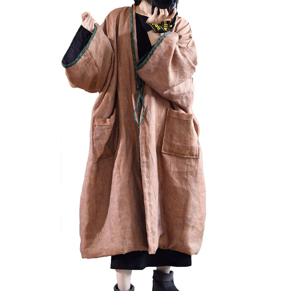 

Women Vintage Linen Long Jacket Autumn Winter Long Sleeve Open Front Hanfu Kimono Plus Size Thin Quilted Overcoat with Pockets