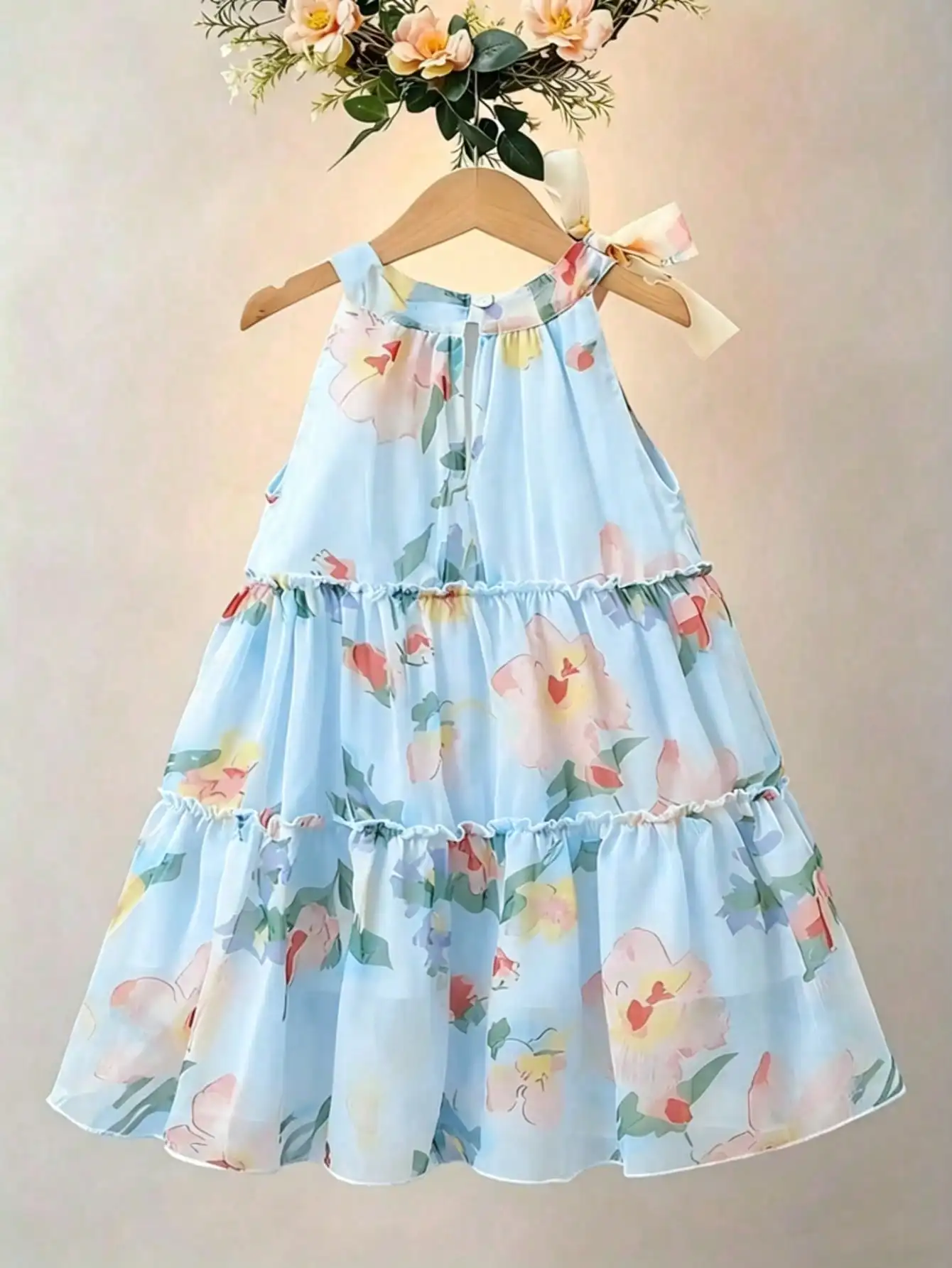 Mädchenkleid mit Rundhalsausschnitt, ärmellos, mit Blumen- und Blattmuster, bequemer A-Linien-Rock, Freizeitkleidung für Kinder. – Detail 10