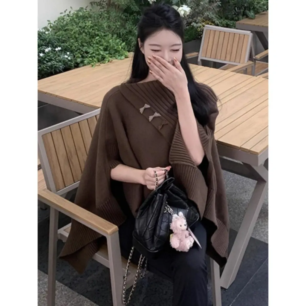 

Women's Lazy Style White Cloak Sweater Off-Shoulder Knitted Outerwear Loose Blouse Coat Top for Autumn Winter