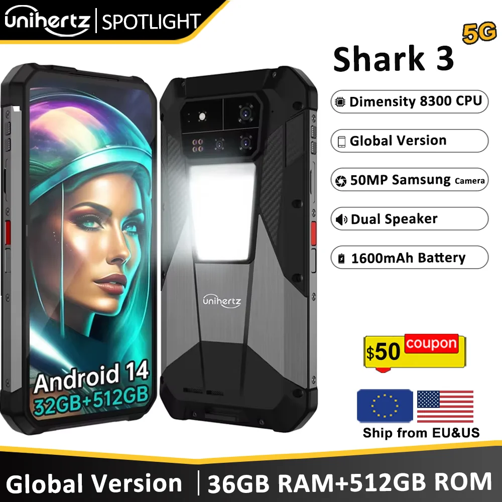 Unihertz SHARK 3 por 8849 Smartphone Android 14 32GB 512GB Dimensity 8300 Pantalla AMOLED 3K 11600mAh Cámara nocturna 5G Teléfono resistente
