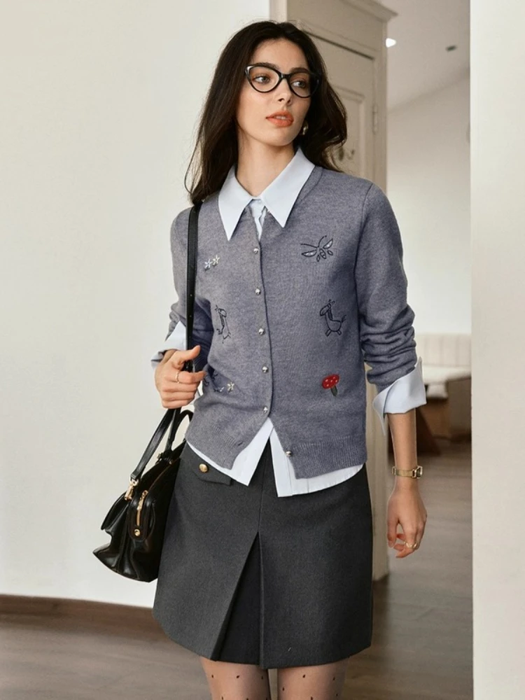 

OLrain Women's Cardigan Casual Heavy Hand-Embroidered loose-Fit Ribbed O-Neck Cardigan 2025 Autumn Effortless tops N57QM96068