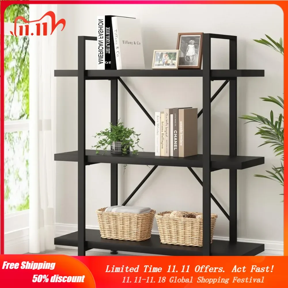 3 Tier Black Bookshelf, Industrial Small Metal Wooden Storage Book Shelves, Modern Open Low 3 Shelf Bookcase and Display Etagere