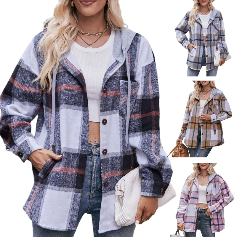 

Womens Long Sleeve Plaids Hoodie Drawstring Hoodie Shirt Top Shacket Button Down Blouses Tops