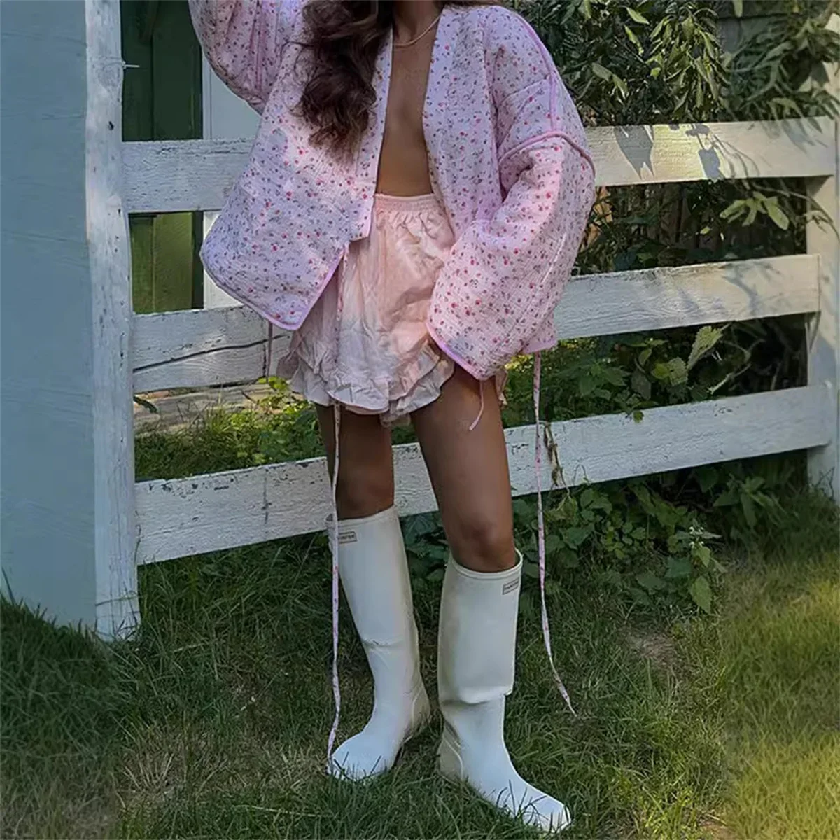 Fmxires Fashion Loose Print Cotton Women's Shirt Casual V-Neck Long Sleeve Shirts & Blouses Elegant Classic Lace-Up Top Female