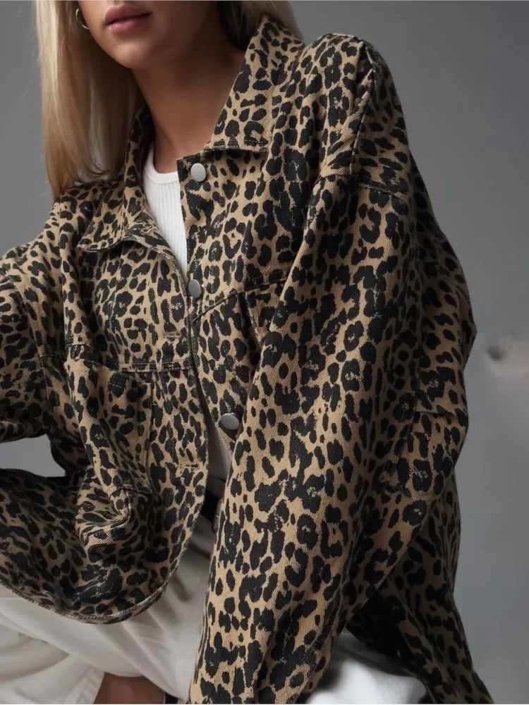 

Vintage Leopard Denim Jacket Coats Women Spring Autumn Fashion Chic Single Breasted Pocket Coats Casual New Lapel Outerwear