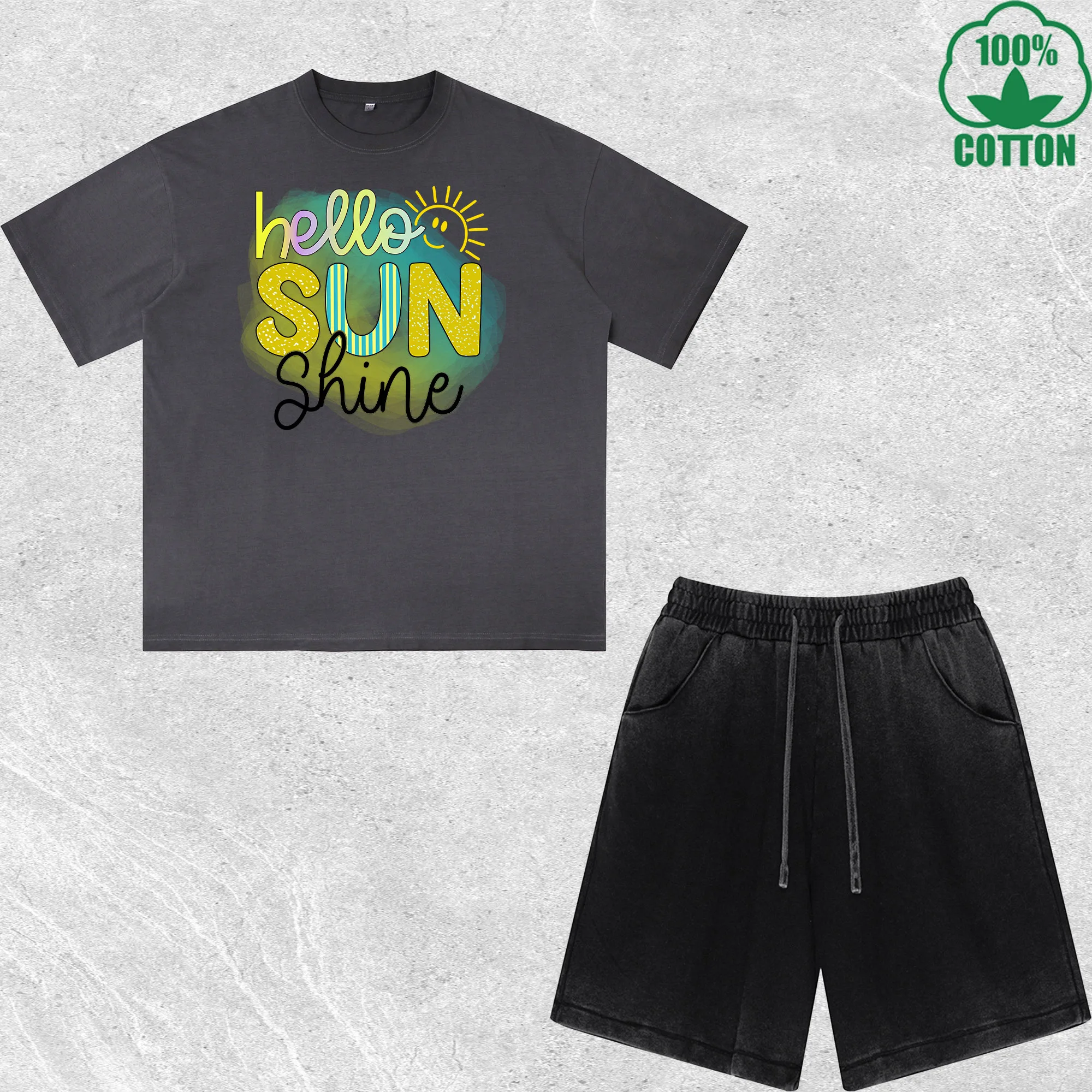 

Hello Sun Printed Dirty Wash T-Shirt Shorts Set Multicolor Combo Loose Trendy Fashionable 100%Cotton