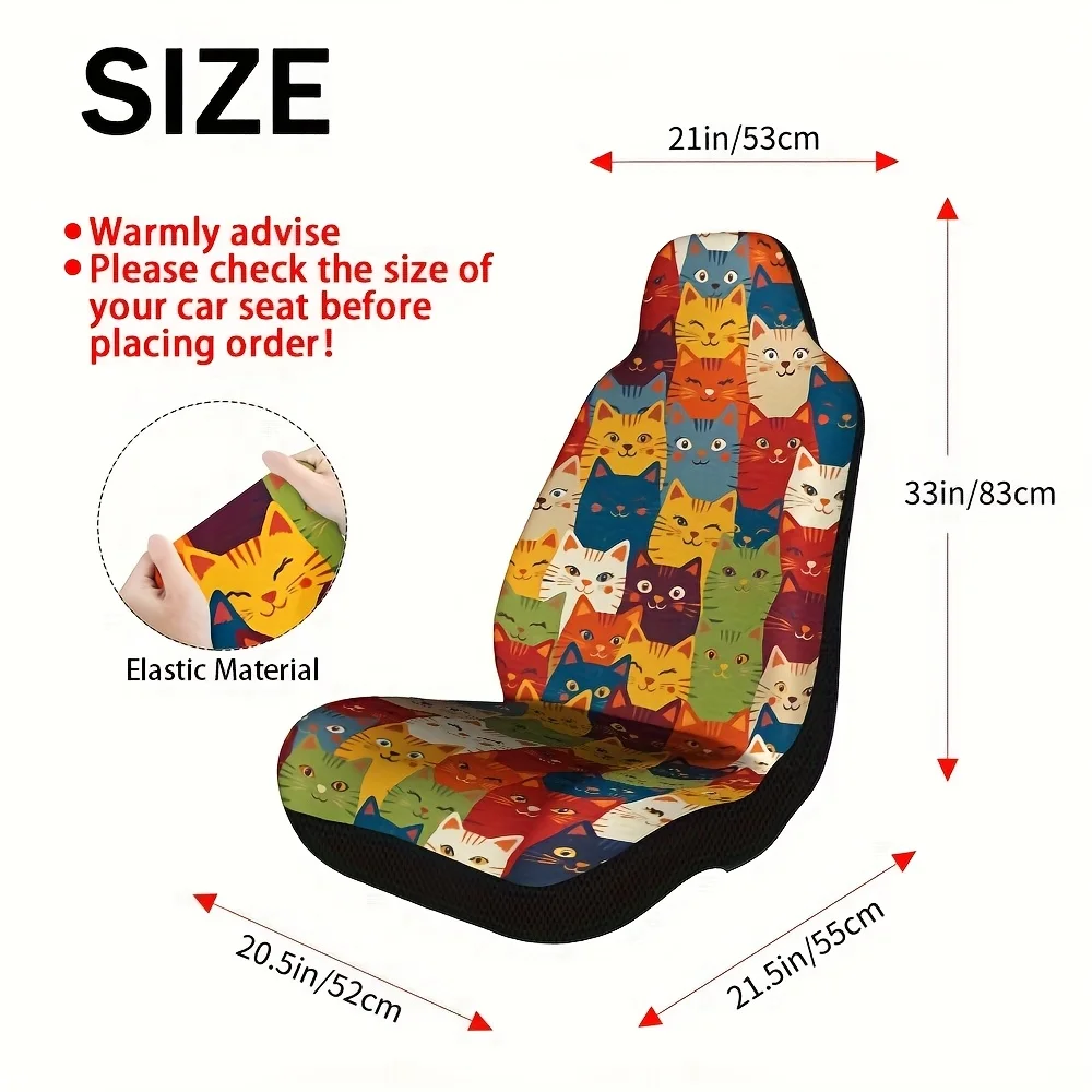 2pcs Colorful Cat-Themed Car Seat Covers Compatible For Most Vehicles - Soft Washable Fit With Cute Kitten & Paw Print Patterns,