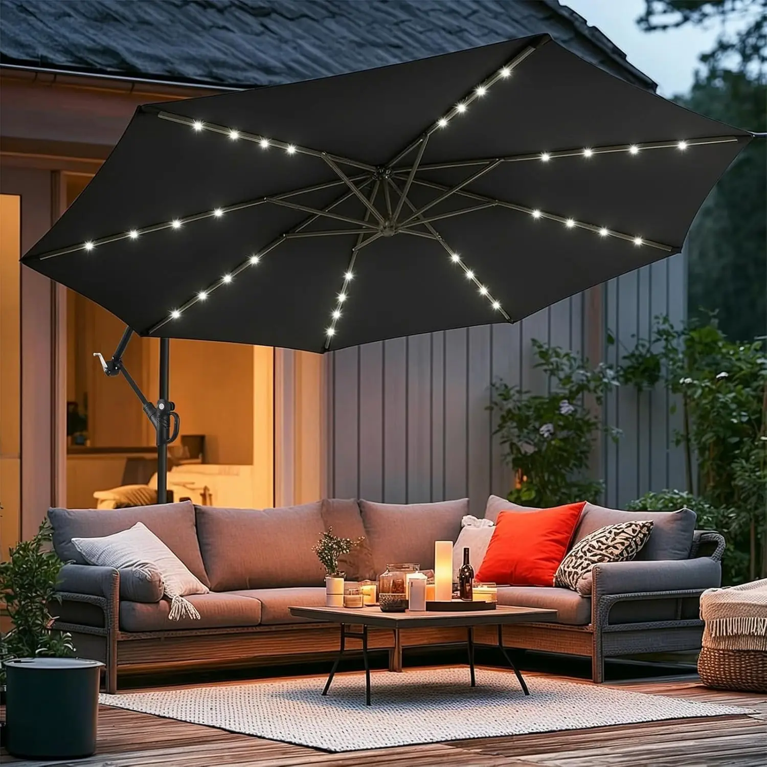 

Зонт для патио на солнечных батареях, 3 метра, с LED-подсветкой, консольный, для улицы, с солнечными светильниками, для двора, зоны у бассейна и сада