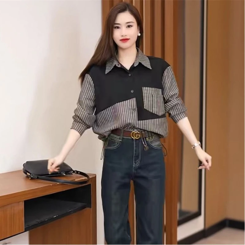 Spring New Fashion Design with Striped Shirt Temperament High-end Loose and Western-style Fake Two-piece Spliced Top