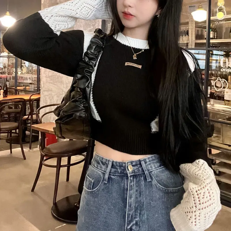 Patchwork Contrasting Colors Sweaters Female Clothing Fashion Off Shoulder Autumn Winter Slim Korean Round Neck Knitted Jumpers