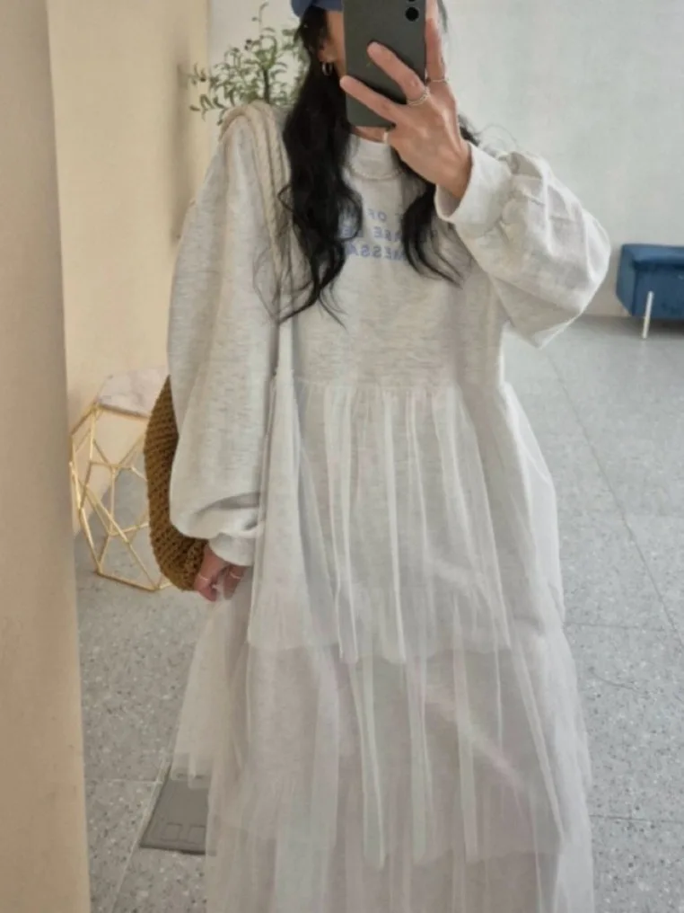 فستان نسائي أنيق للخريف مضاد للشيخوخة بتصميم مطبوع وتنورة كيك شبكية مدمجة، فستان عصري بأسلوب عملي