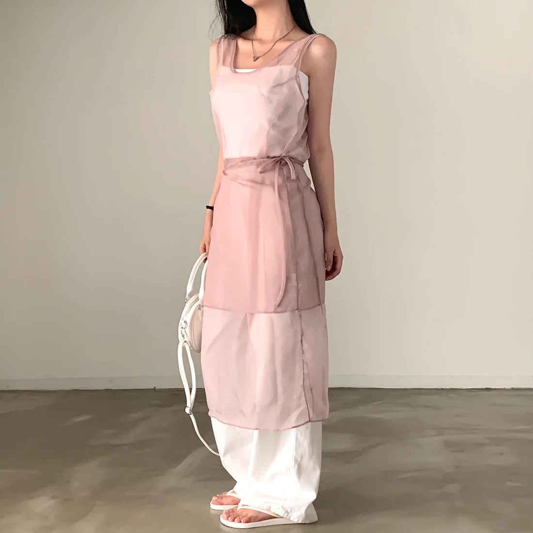 2026 Spring and Summer New Sweet Fashion Y2K Stacked Wearing Apron Strap Mesh See-Through Vest Dress Vestidos