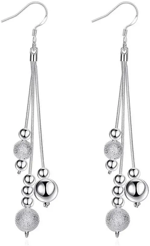 

Elegant Ball Bead Long Chain Dangle Drop Earrings for Women Sterling Silver Plated Fashion Tassel Thread Hook Dangling