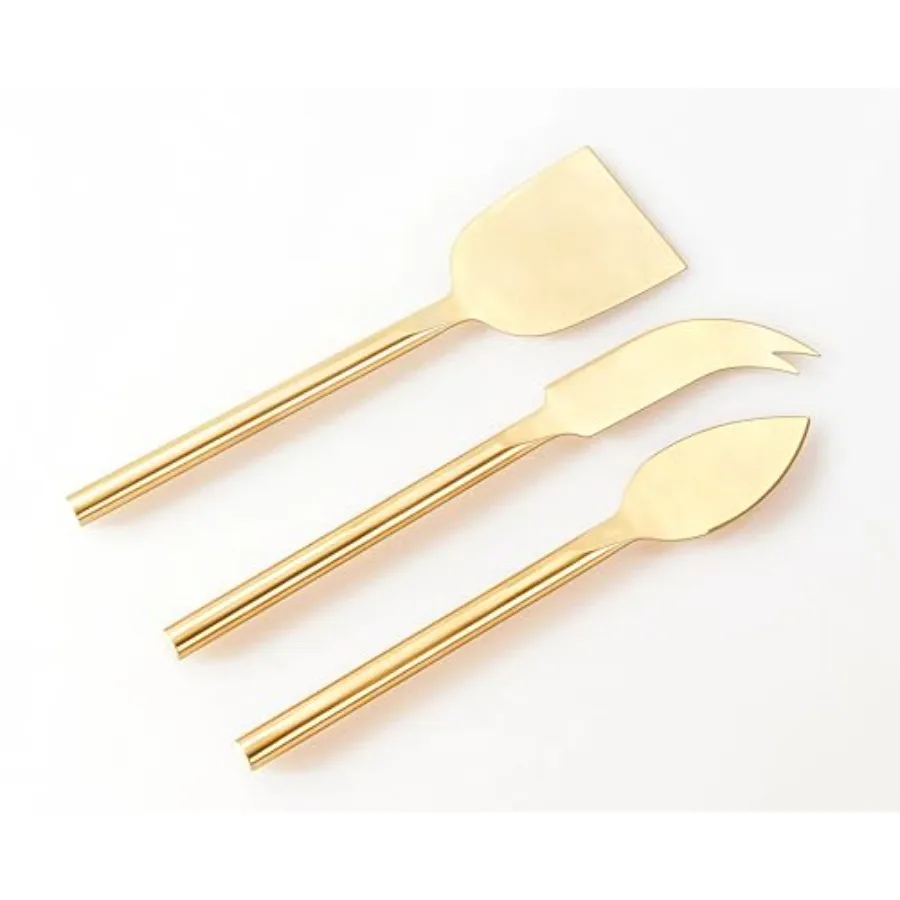 

Набор из 3-х золотых ножей для сыра с длинной ручкой для элегантных закусок и досок для мясных изделий с зубцами и плоскими лезвиями с точным дизайном