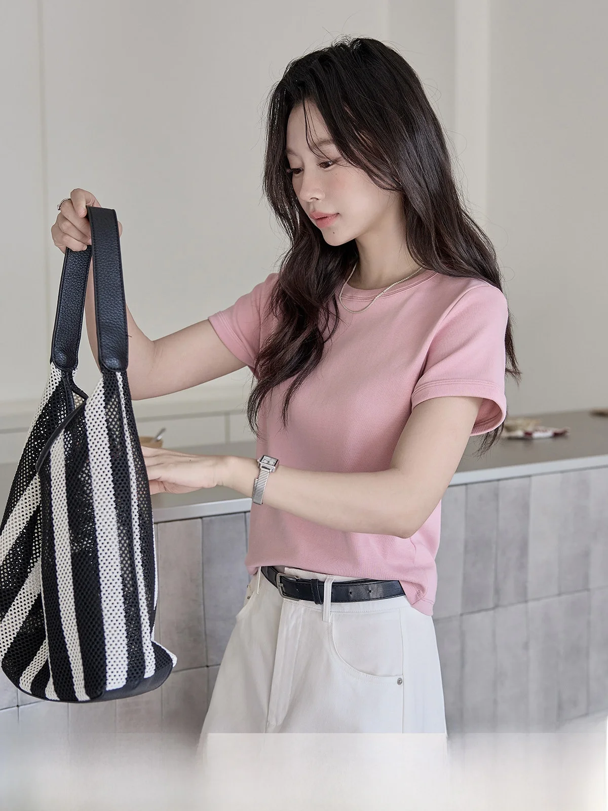 

HuiXi Series Women's Short Sleeve T-Shirt Pink Splicing Design Slim Fit Shoulder Appropriate Summer New Style Commute Style