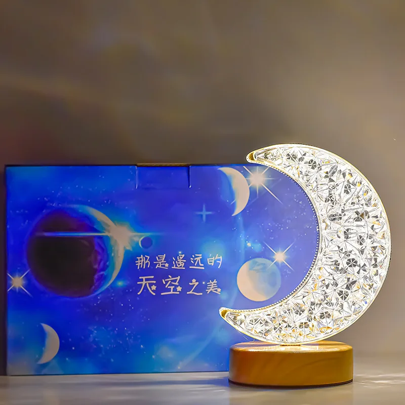 Lámpara de mesita de noche con forma de luna y estrella, luz cálida con USB para decoración de dormitorio, Arte Creativo, cristal acrílico cálido