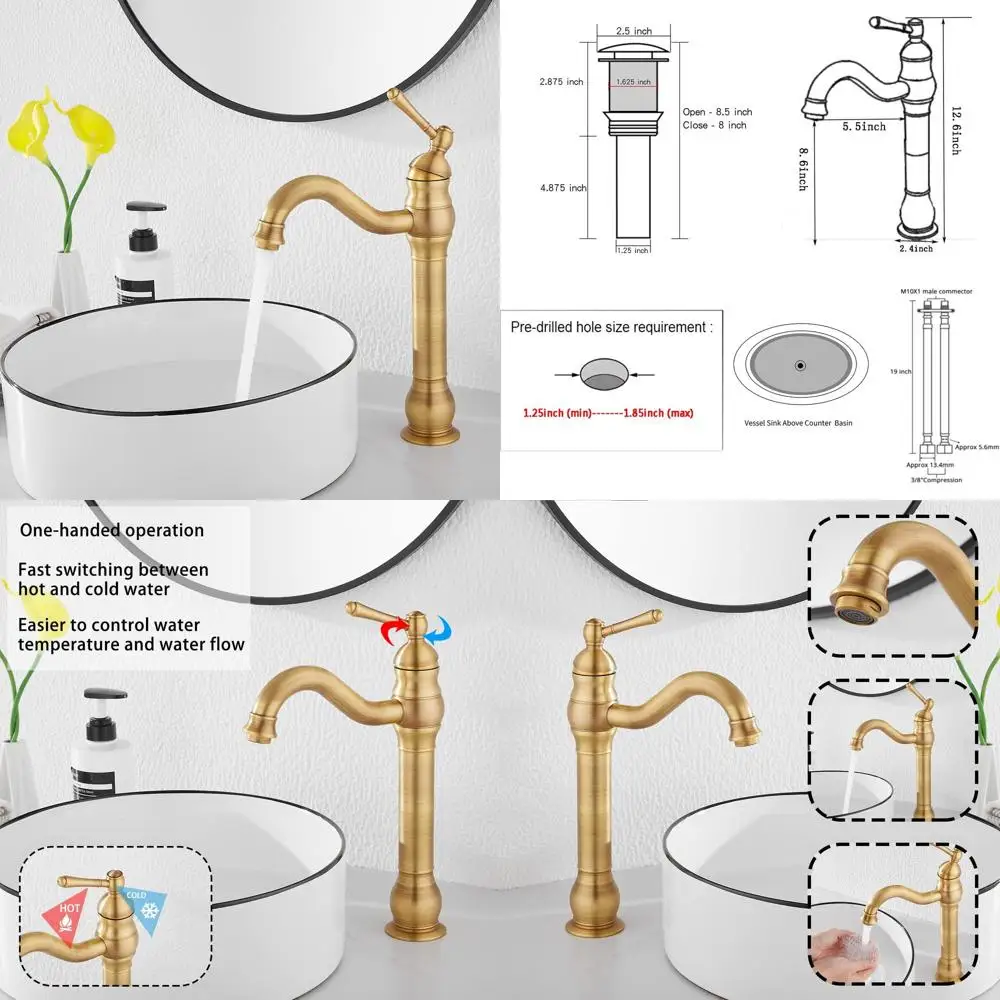 

Antique Brass Single Handle Vessel Sink Faucet with 360° Swivel and Pop-Up Drain