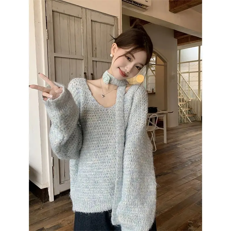 Korejpaa Korean Fashion Pullover Sweater Women 3D Floral Ribbon V Neck Knitted Sweaters 2024 Autumn Casual Sweet Pull Femme