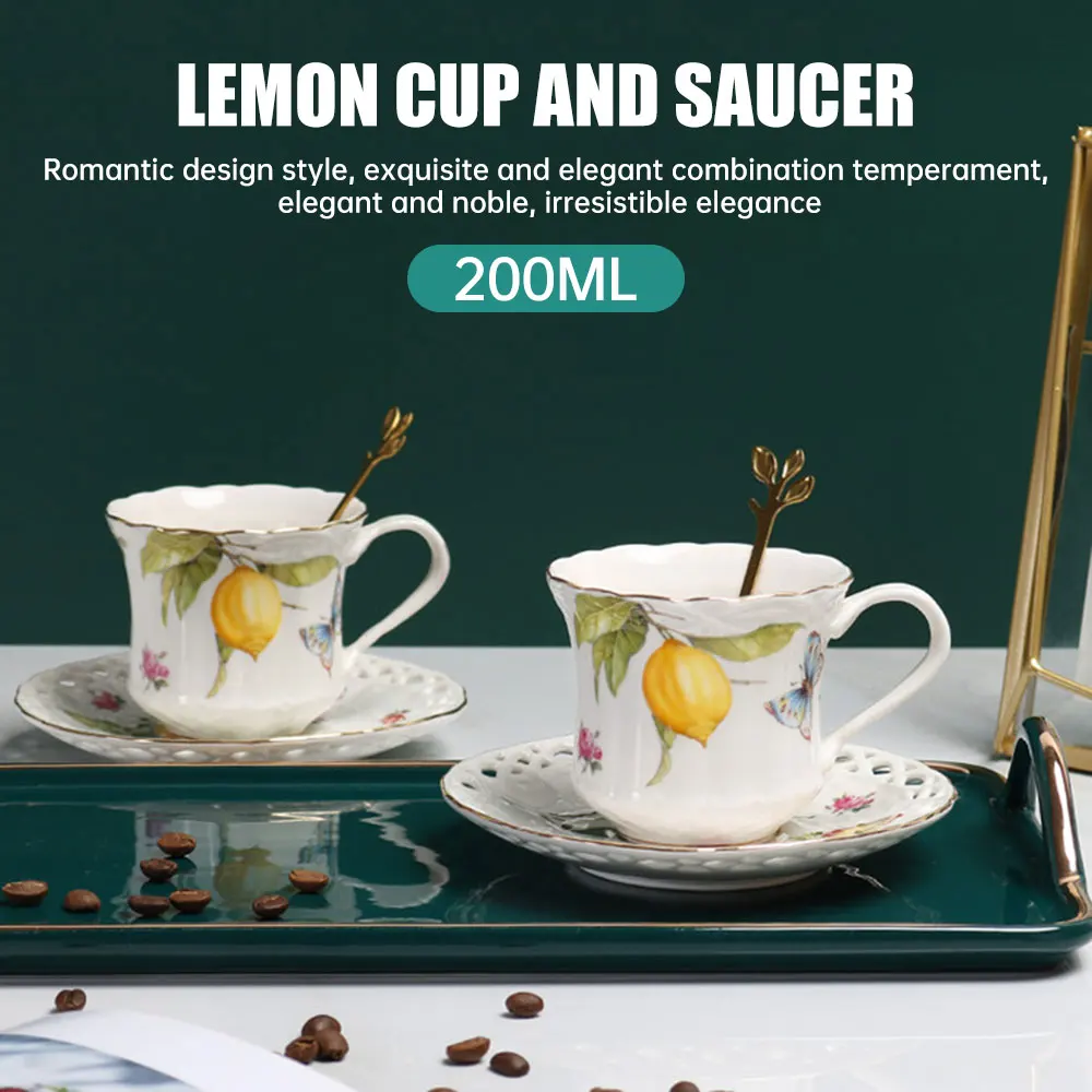 1PC 200 ミリリットルレモンカップとソーサーロマンチックなスタイルのコーヒーカップ滑り止めマグ * 1 + 皿 * 1 + スプーン * 1 ユニークなデザインのコーヒーカップセット
