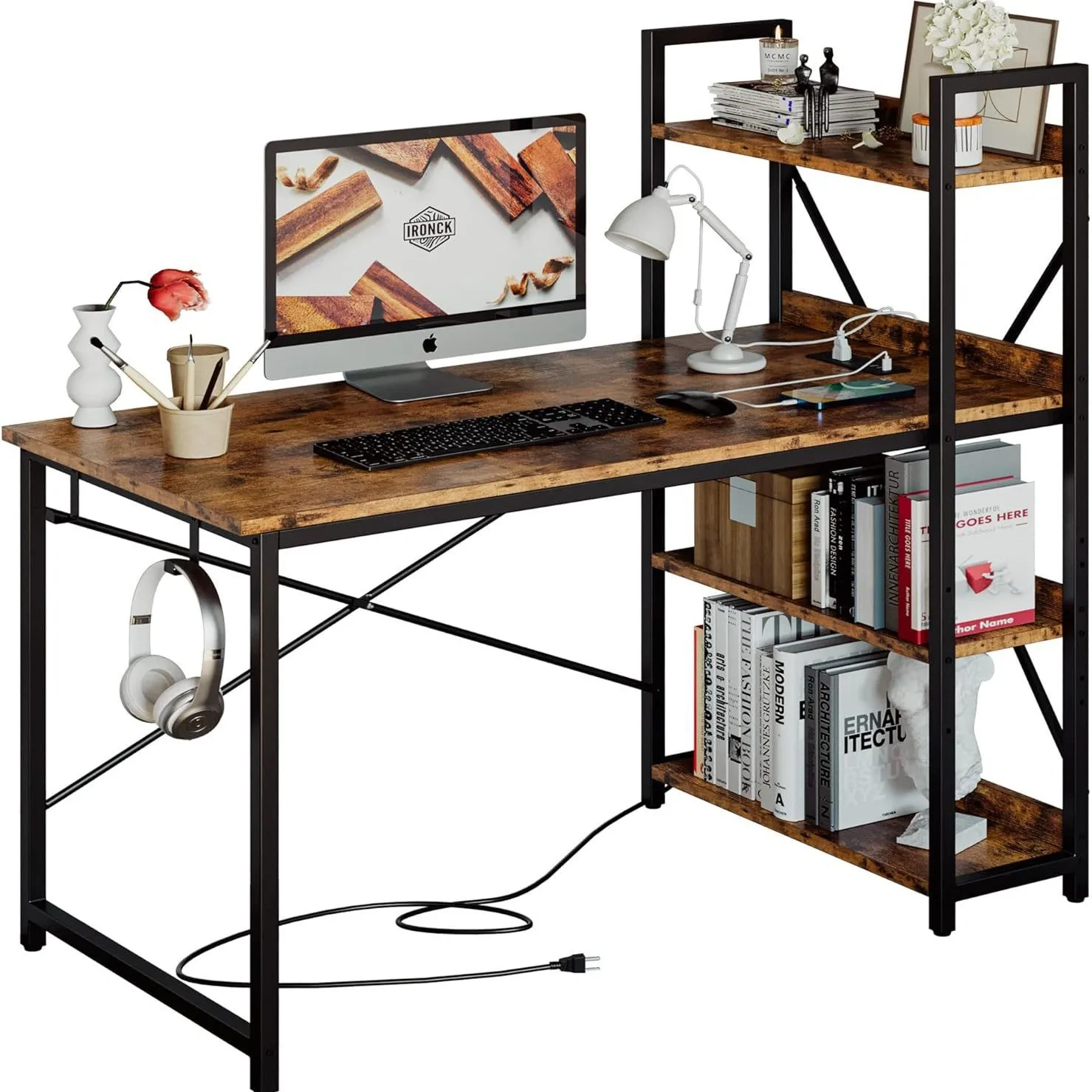 Home Office Computer Side Storage Display Stand USB Power Socket Writing Desk