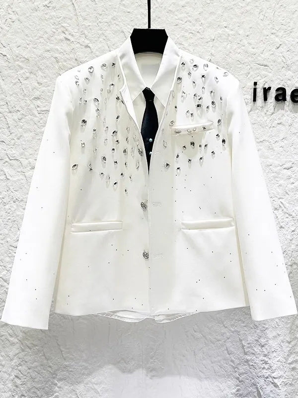 2025 Autumn New Heavy Embellished  Jacket for Men Korean Version Light Luxury Casual Loose Turn-down Collar Jacket
